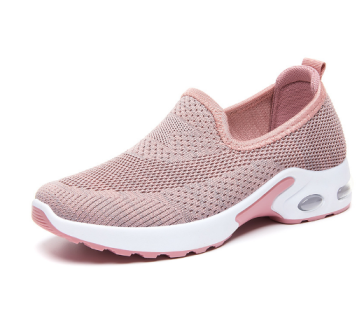 A pink sneaker with white sole and a light pink heel.