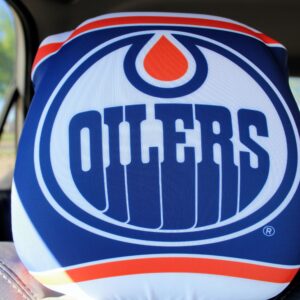 Close-up of an Edmonton Oilers logo on a sports item.