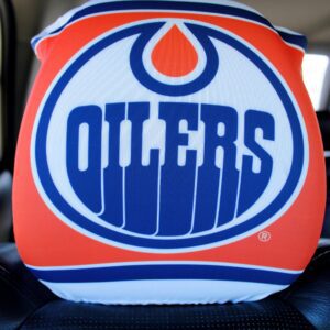 Close-up of an Edmonton Oilers logo on a sports item.